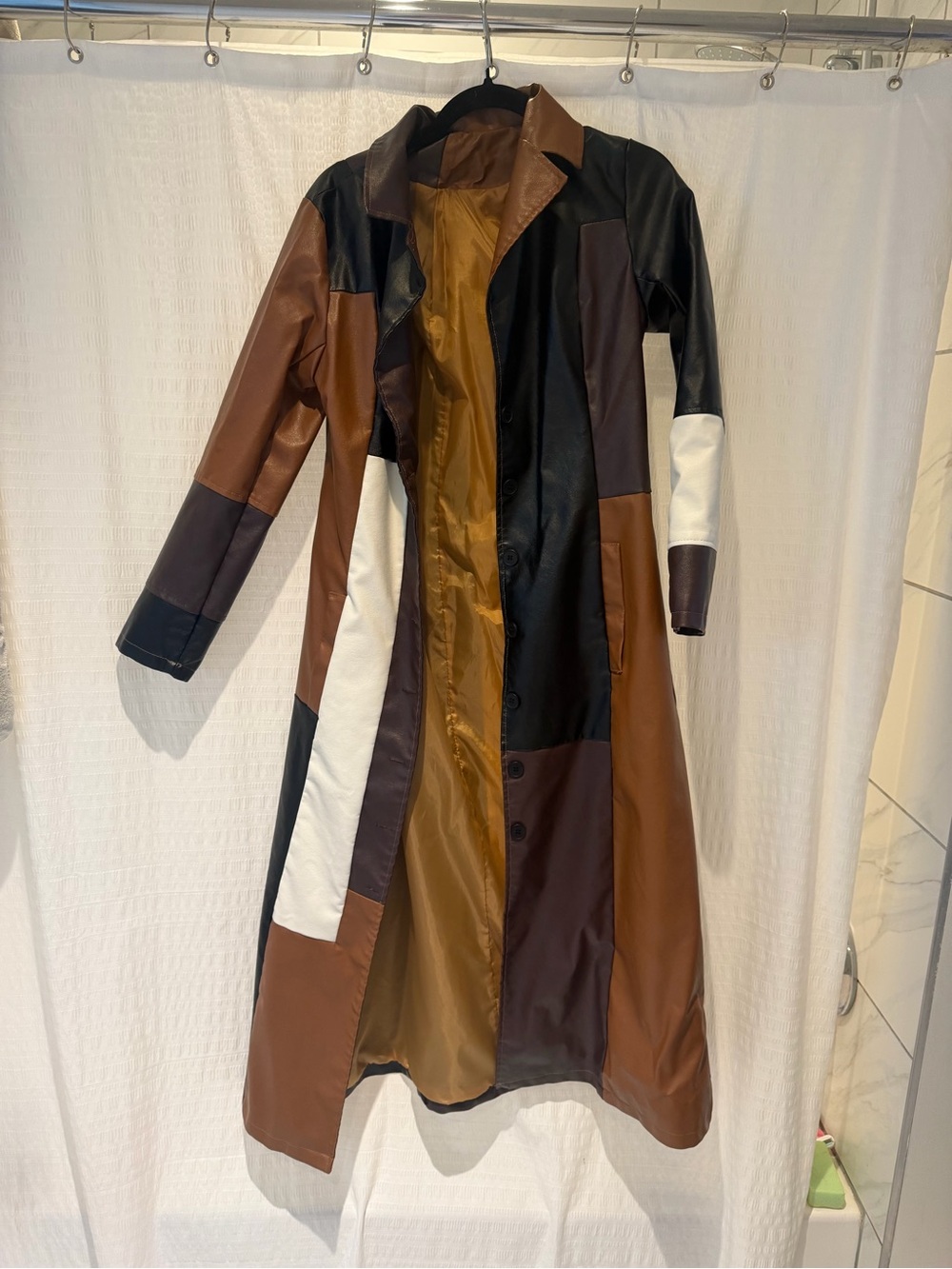 Patchwork Faux-Leather Trench Coat in Brown, Black & White